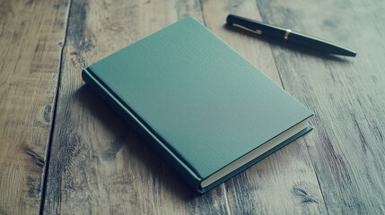 Closed empty book with a thick pastel green cover, placed on a smooth wooden table with a natural texture, Ai generated images