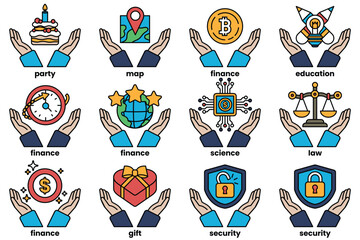 Set of illustrations in the concept of human hands holding things in line drawing style