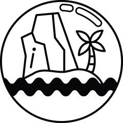 A black and white island with a palm tree and a rock