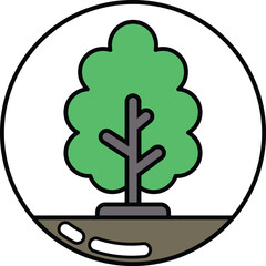 A tree is shown in a circle with a green leaf