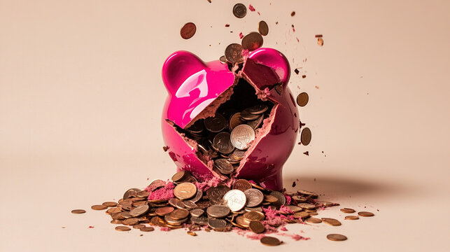 Broken piggy bank with coins scattered around, symbolizing financial struggle and the need for careful budgeting and saving.