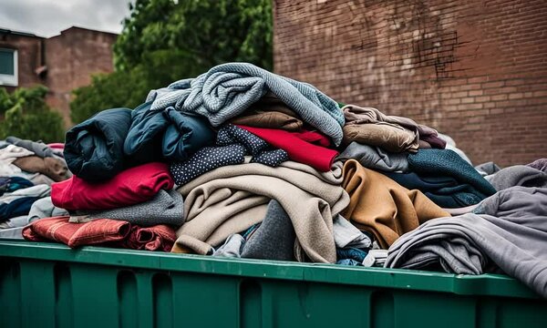 Piles of clothes in a dumpster.