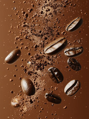 Obraz premium Sfondo con chicchi di caffè. Caffetteria menù. 