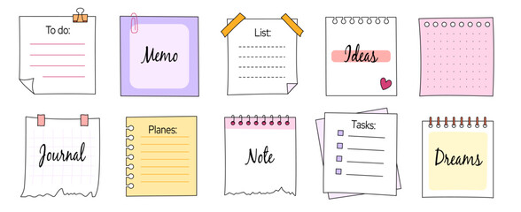Memo frame note paper line cute planner sheet set. Notebook paper note frame for task list page, to do list sticker sheet. Hand drawn kid sketch line style reminder sticker. Vector illustration.