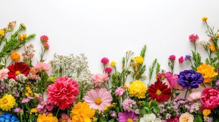 Obraz premium A bouquet of fresh spring flowers in vivid colors arranged against a clean white backdrop, with space for text around the floral arrangement.