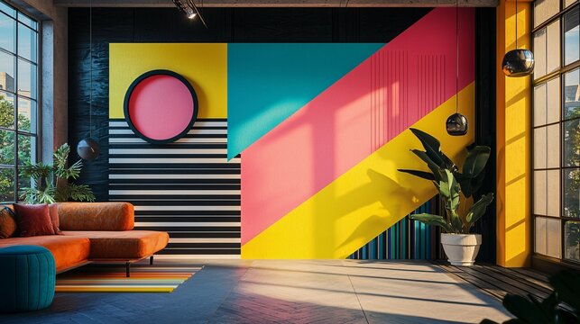 Energetic geometric bursts in a studio showcase bold shapes and vibrant colors with interlocking patterns, perfect for modern aesthetics.