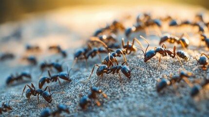 Close-up of numerous ants on a sandy surface at sunset.