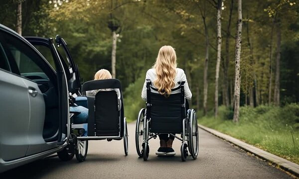 Person in a wheelchair in a parking lot.