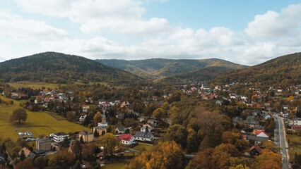 Mountain village surrounded by dense forests