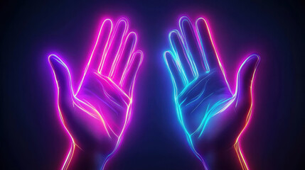 Obraz premium Vibrant holographic hands glowing with neon plasma colors on dark background