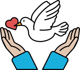 A white bird with a heart in its beak is being held by two hands