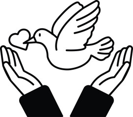 A bird with a heart in its beak is being held by two hands