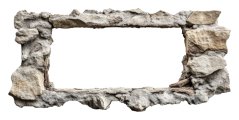 Rustic stone frame with rough texture and empty center, isolated on transparent background. Vintage design and architectural element concept