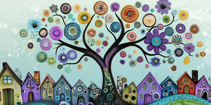 Albero stilizzato con fiori. Sfondo. Banner.