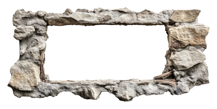 Rustic stone frame with rough texture and empty center, isolated on transparent background. Vintage design and architectural element concept