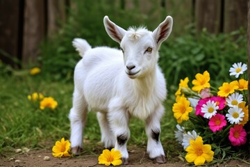 Obraz premium there is a small goat standing in the grass next to flowers