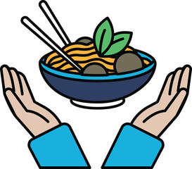 A hand is holding a bowl of noodles with a green leaf on top