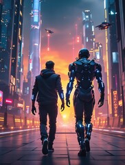 Human and Advanced AI Robot Walking in Cyberpunk City, Neon Lit Urban Sci Fi Scene, Futuristic Technology and High Tech Skyscrapers in a Digital Landscape