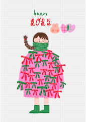 christmas cute girl christmas icons set, baby shower card, baby card, set of elements, tree, Santa Claus, card of a party, Christmas, 2025, happy new year, sticker