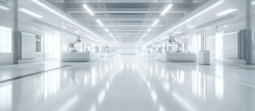 Clean, bright, futuristic factory interior with robotic arms and polished floors.