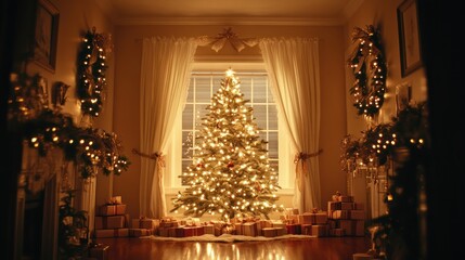 Christmas tree decoration celebration cozy living room holiday scene warm atmosphere
