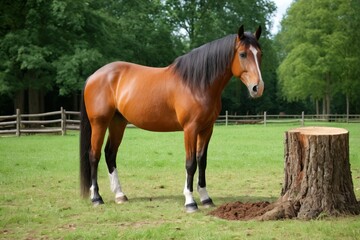Naklejka premium there is a horse standing next to a tree stump in a field