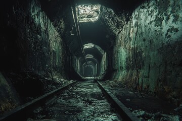 Naklejka premium Abandoned coal mine ventilation tunnel interior slung derelict forsaken outcast