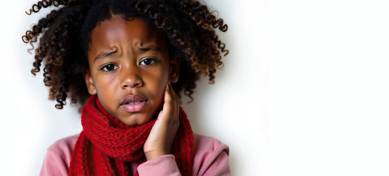 Dark-skinned African girl with black curly hair, child, touches her neck with her hand in painful place. Banner, copy space. White isolated background. Concept of season of colds and diseases.