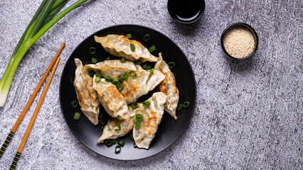 Fried dumplings Gyoza on a plate on a gray concrete background