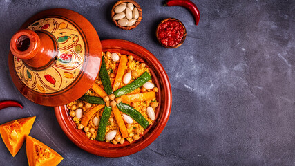 Vegetable tagine with almond and chickpea couscous