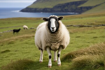 Fototapeta premium there is a sheep standing on a hill with a body of water in the background