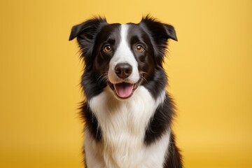 Fototapeta premium there is a black and white dog sitting on a yellow background