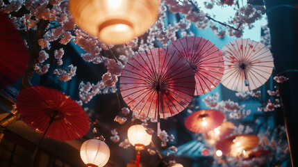 Sakura Matsuri, a festival scene in Japan with streets filled with paper umbrellas and lanterns,...