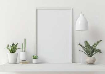A white shelf with a blank picture frame. three potted plants. a lamp. and two books