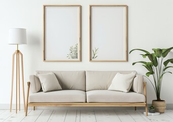 Minimalist living room interior with a beige sofa. two framed botanical prints. a floor lamp. and a potted plant