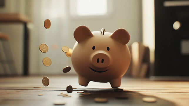 Broken piggy bank with coins scattered around, symbolizing financial struggle and the need for careful budgeting and saving.
