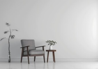 Minimalist living room interior with a comfortable armchair. side table. and a vase with a plant