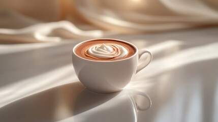 Morning coffee in white cup with latte art on silky background