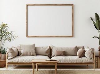A beige sofa with pillows and a wooden coffee table in front of a large. empty. framed canvas on a white wall in a minimalist living room