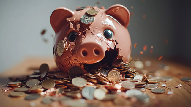 Broken piggy bank with coins scattered around, symbolizing financial struggle and the need for careful budgeting and saving.