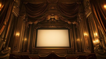 Fototapeta premium Luxurious cinema setup with a blank screen framed by golden-trimmed curtains in a dimly lit room.
