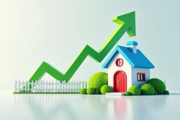 House price increasing, green upward arrow symbolizing investment growth