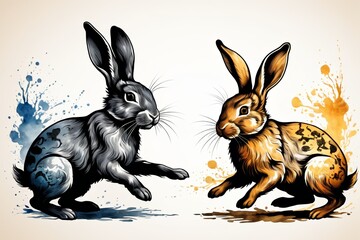 Fototapeta premium illustration of two rabbits running with paint splatters on them