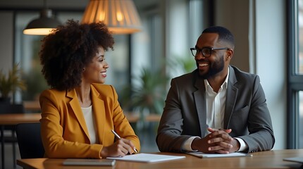 Two smiling business professionals discuss plans, ideas, and strategies, fostering collaboration and success.