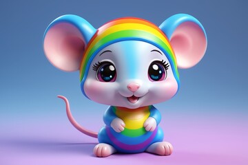 a close up of a toy mouse with a rainbow hat on