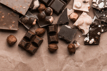 Delicious chocolate of various kinds. New trending colour of the 2025 year 