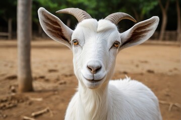 Fototapeta premium there is a goat with horns standing in a dirt field