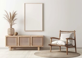 Minimalist living room with a wooden cabinet. armchair. and a blank canvas