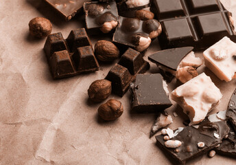 Delicious chocolate of various kinds. New trending colour of the 2025 year 