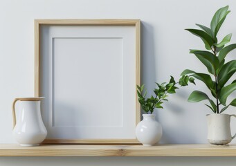 Empty wooden frame with white vase and plant on a wooden shelf against a white wall